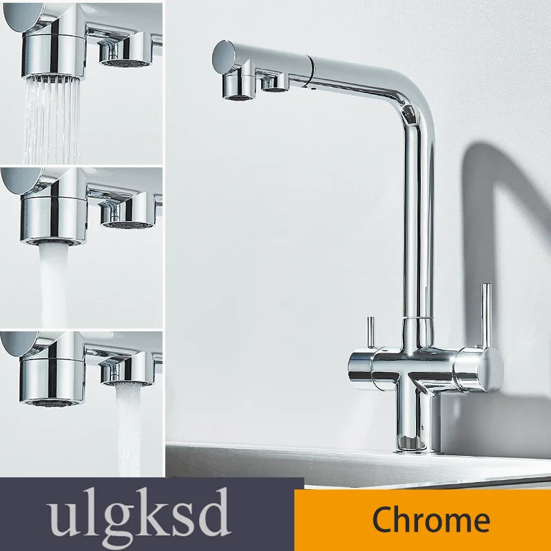 Brushed Gold Pulling Filter Kitchen Pure Faucet Pull Out Two In One Out Water  Mixer Tap 360 Rotation Sink Drink Directly Crane