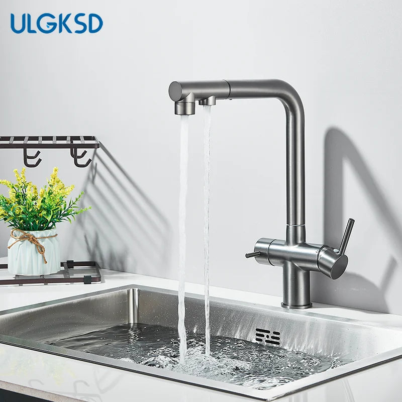 Brushed Gold Pulling Filter Kitchen Pure Faucet Pull Out Two In One Out Water  Mixer Tap 360 Rotation Sink Drink Directly Crane