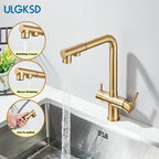 Brushed Gold Pulling Filter Kitchen Pure Faucet Pull Out Two In One Out Water  Mixer Tap 360 Rotation Sink Drink Directly Crane
