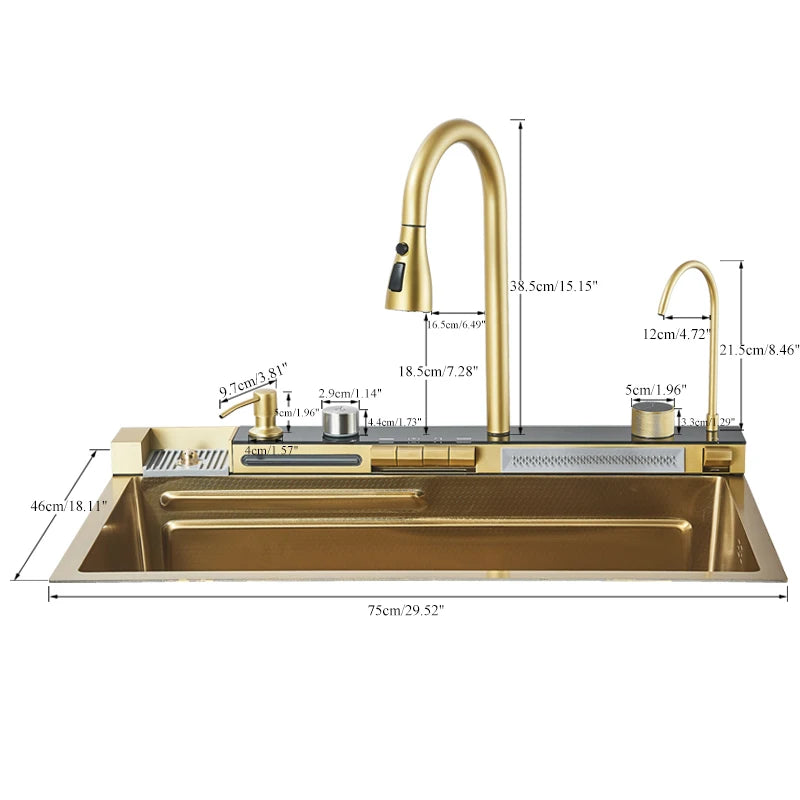 Shinesia 201Stainless Steel Kitchen Sink Double Waterfall Single Slot Digital Display Faucet Set Soap dispenser Cup Washer