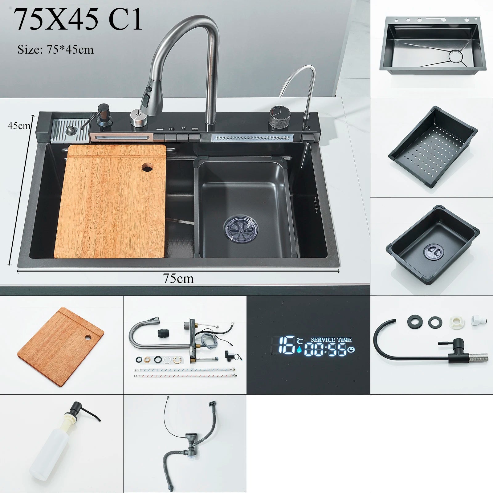 Shinesia 201Stainless Steel Kitchen Sink Double Waterfall Single Slot Digital Display Faucet Set Soap dispenser Cup Washer