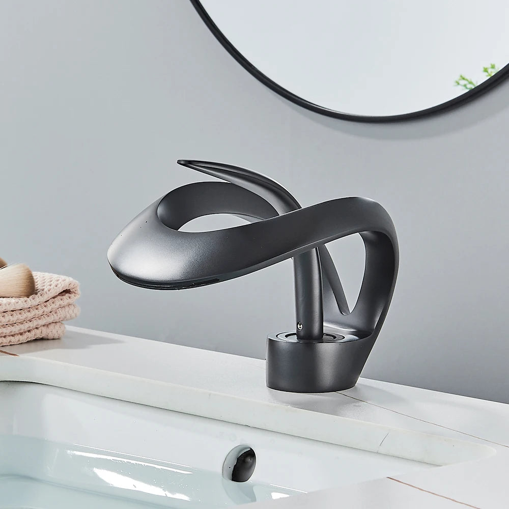 Rozin Luxury Black Basin Faucet Grey Bathroom Waterfall Mixer Tap Brass Deck Mount Modern Style Hot Cold Water Sink Mixer Crane