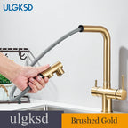 Brushed Gold Pulling Filter Kitchen Pure Faucet Pull Out Two In One Out Water  Mixer Tap 360 Rotation Sink Drink Directly Crane