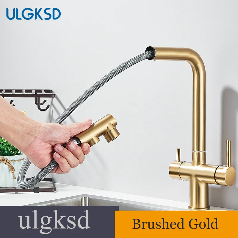 Brushed Gold Pulling Filter Kitchen Pure Faucet Pull Out Two In One Out Water  Mixer Tap 360 Rotation Sink Drink Directly Crane