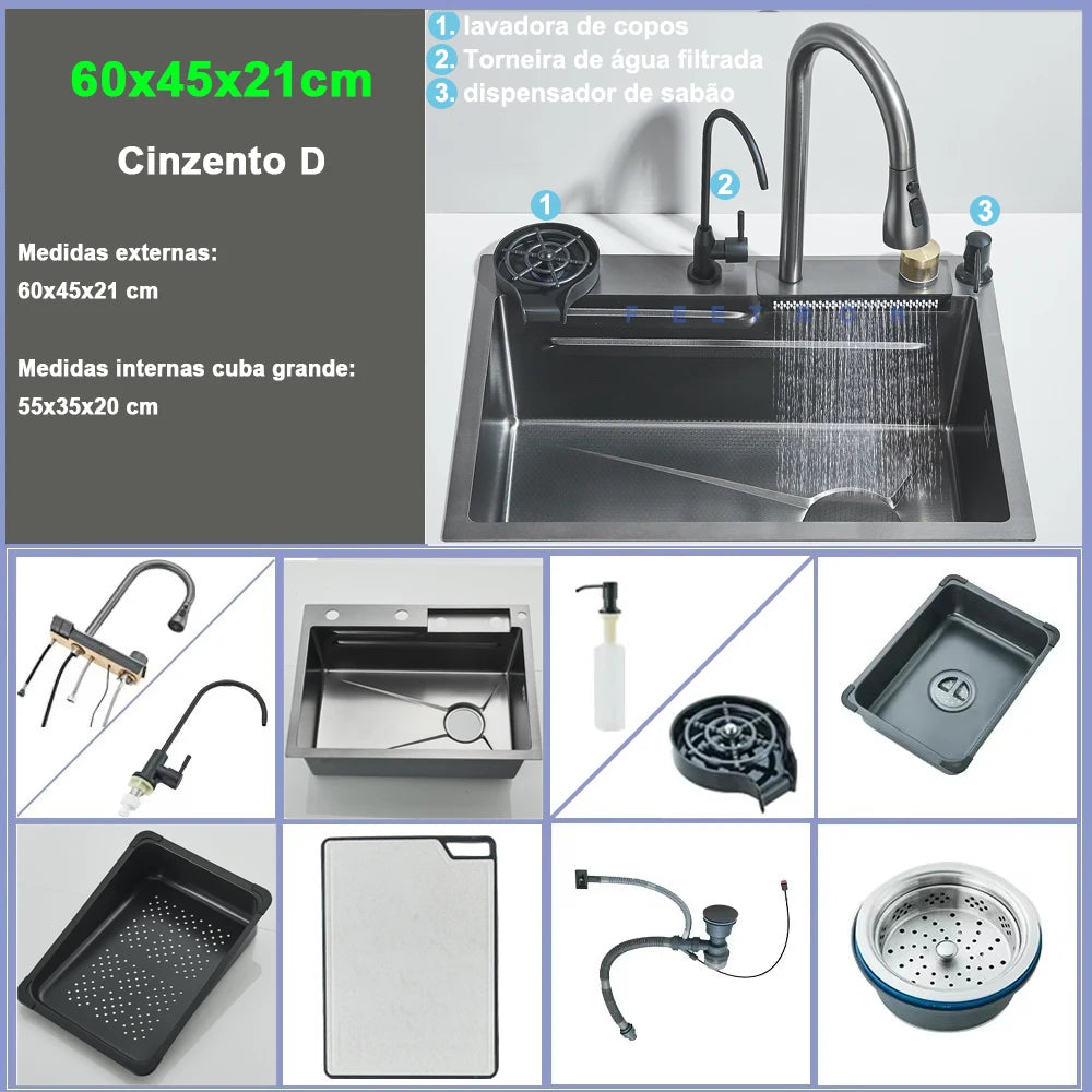 Shinesia 201Stainless Steel Kitchen Sink Double Waterfall Single Slot Digital Display Faucet Set Soap dispenser Cup Washer