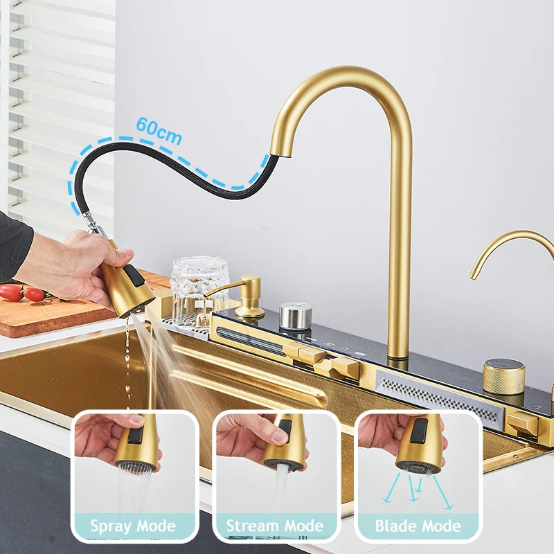 Shinesia 201Stainless Steel Kitchen Sink Double Waterfall Single Slot Digital Display Faucet Set Soap dispenser Cup Washer