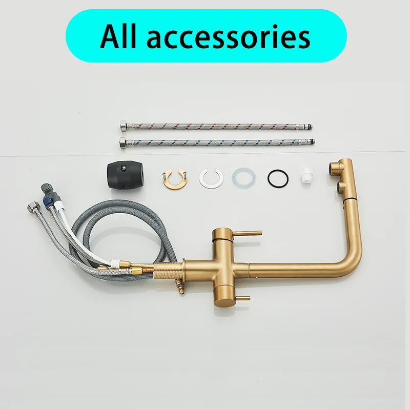 Brushed Gold Pulling Filter Kitchen Pure Faucet Pull Out Two In One Out Water  Mixer Tap 360 Rotation Sink Drink Directly Crane