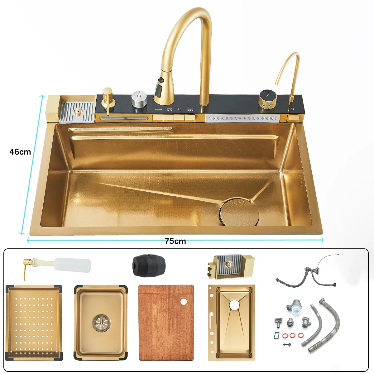 Shinesia 201Stainless Steel Kitchen Sink Double Waterfall Single Slot Digital Display Faucet Set Soap dispenser Cup Washer