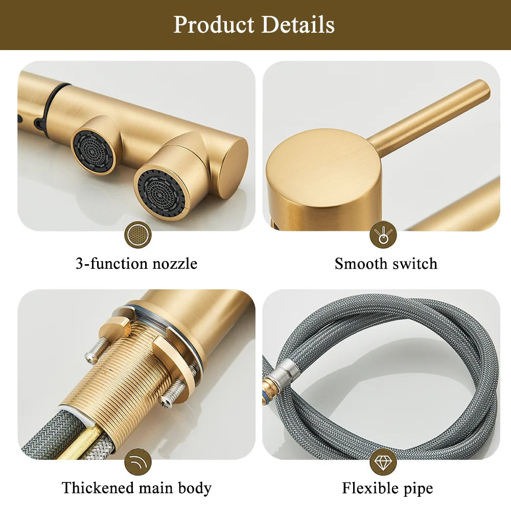 Brushed Gold Pulling Filter Kitchen Pure Faucet Pull Out Two In One Out Water  Mixer Tap 360 Rotation Sink Drink Directly Crane