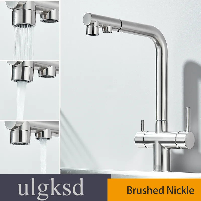 Brushed Gold Pulling Filter Kitchen Pure Faucet Pull Out Two In One Out Water  Mixer Tap 360 Rotation Sink Drink Directly Crane