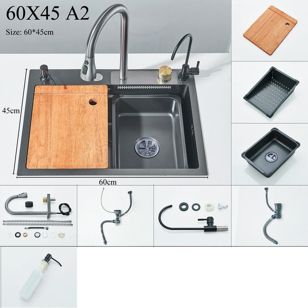 Shinesia 201Stainless Steel Kitchen Sink Double Waterfall Single Slot Digital Display Faucet Set Soap dispenser Cup Washer