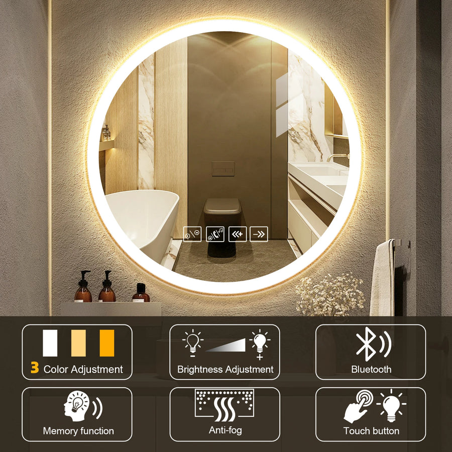 LED Mirror For Bathroom With Blue Tooth Speaker Wireless Music Round Bathroom Mirror 3 Color Temperatures Anti-Fog Makeup Mirror