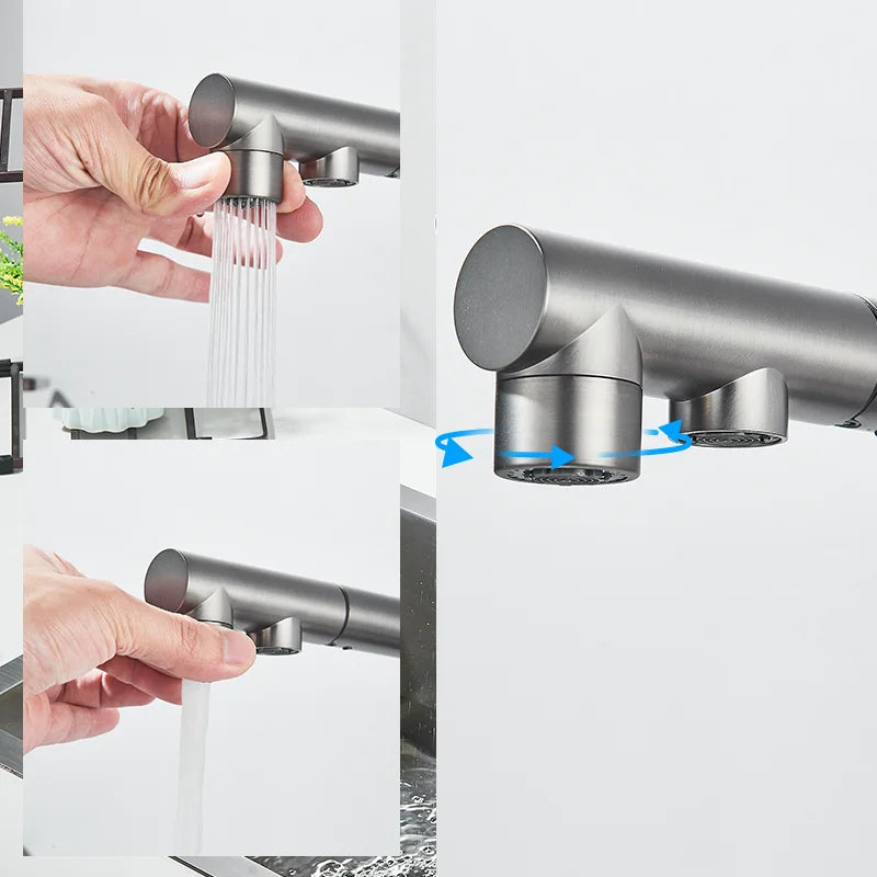 Brushed Gold Pulling Filter Kitchen Pure Faucet Pull Out Two In One Out Water  Mixer Tap 360 Rotation Sink Drink Directly Crane