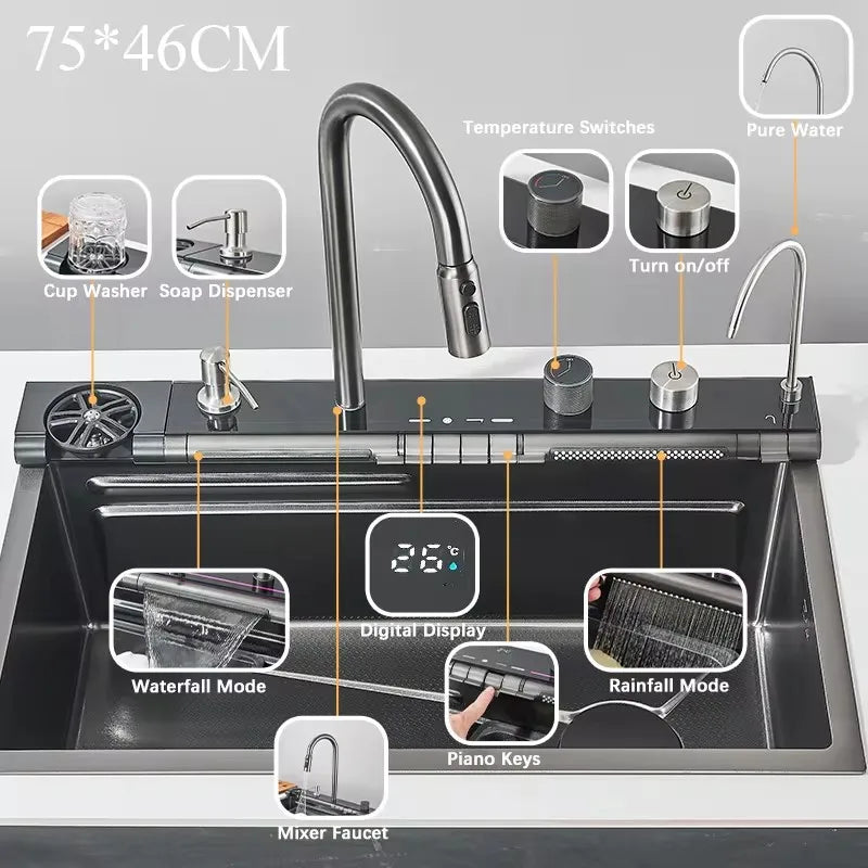 Shinesia 201Stainless Steel Kitchen Sink Double Waterfall Single Slot Digital Display Faucet Set Soap dispenser Cup Washer