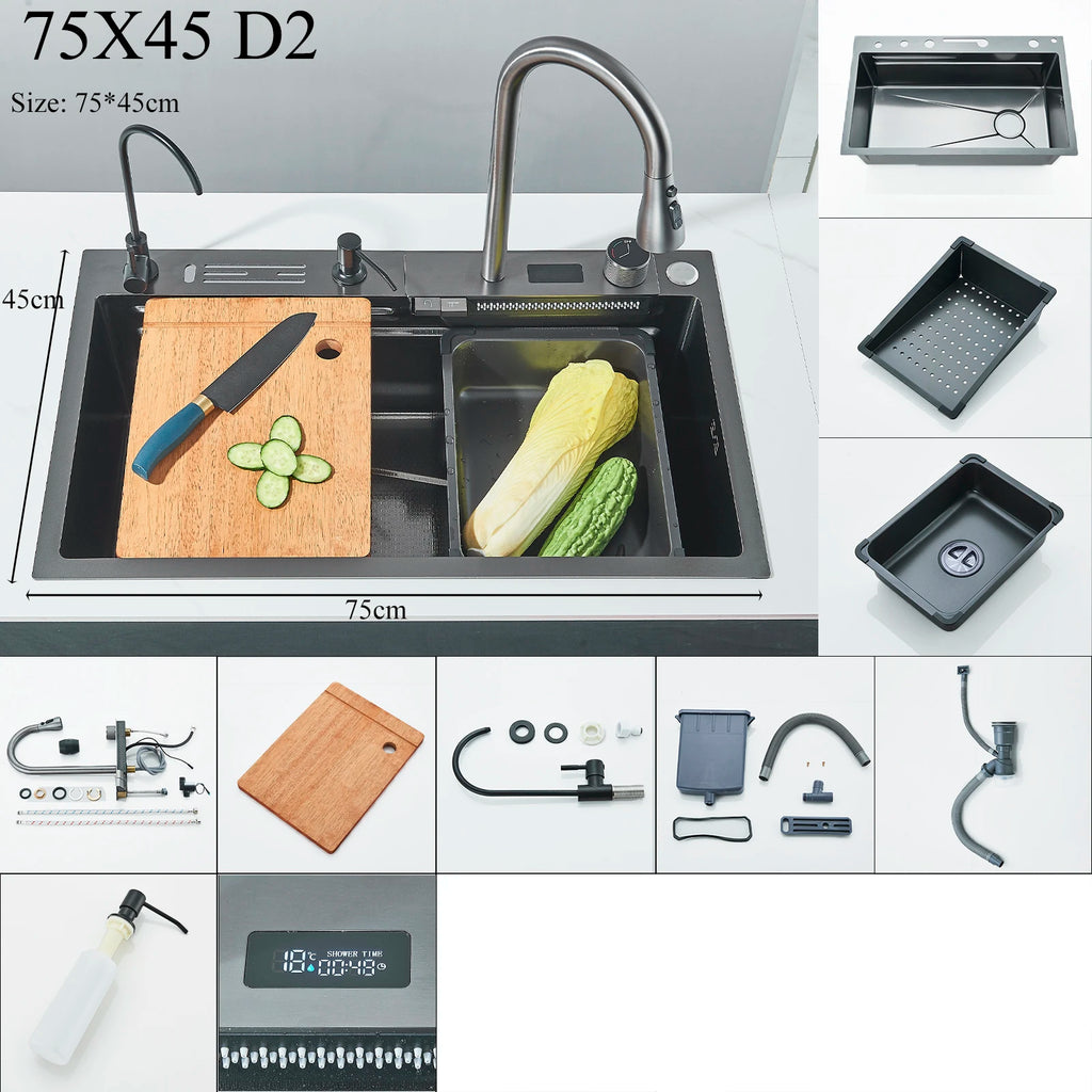 Shinesia 201Stainless Steel Kitchen Sink Double Waterfall Single Slot Digital Display Faucet Set Soap dispenser Cup Washer