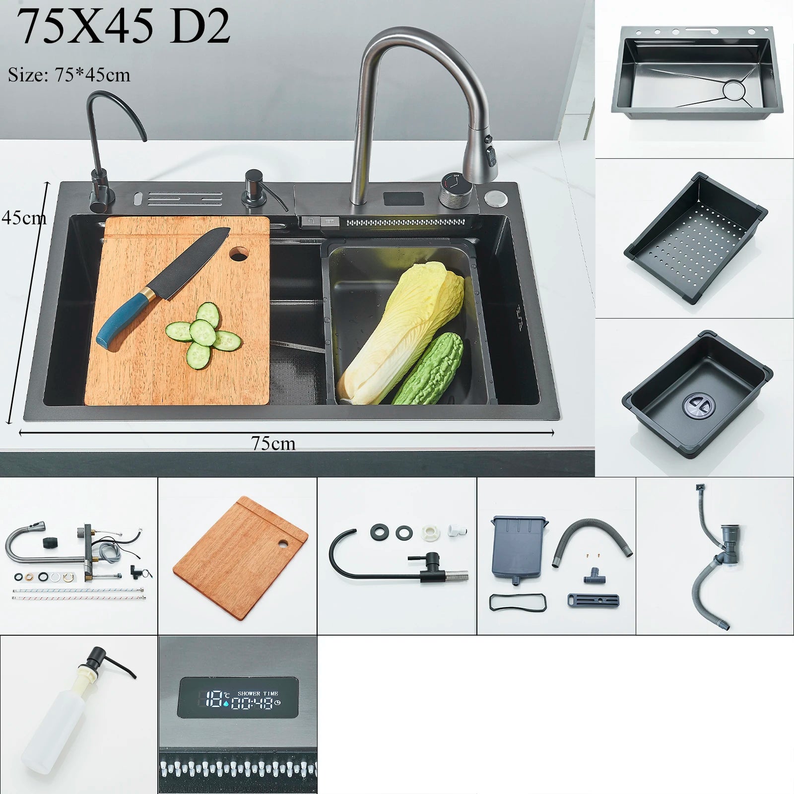 Shinesia 201Stainless Steel Kitchen Sink Double Waterfall Single Slot Digital Display Faucet Set Soap dispenser Cup Washer