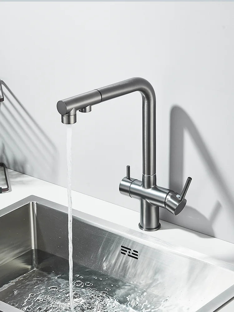 Brushed Gold Pulling Filter Kitchen Pure Faucet Pull Out Two In One Out Water  Mixer Tap 360 Rotation Sink Drink Directly Crane