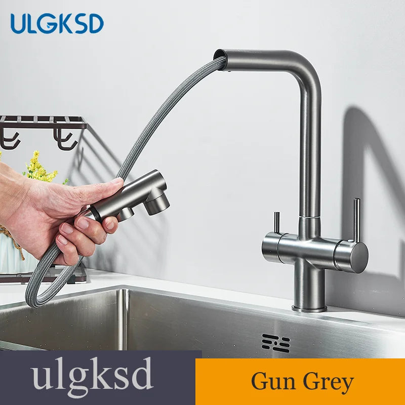 Brushed Gold Pulling Filter Kitchen Pure Faucet Pull Out Two In One Out Water  Mixer Tap 360 Rotation Sink Drink Directly Crane