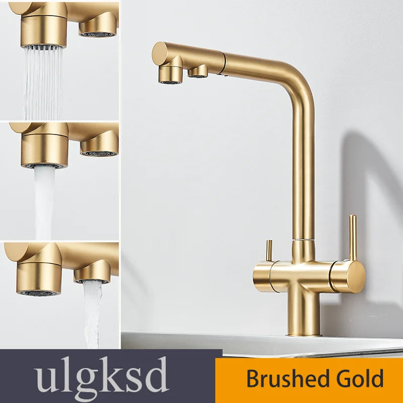 Brushed Gold Pulling Filter Kitchen Pure Faucet Pull Out Two In One Out Water  Mixer Tap 360 Rotation Sink Drink Directly Crane