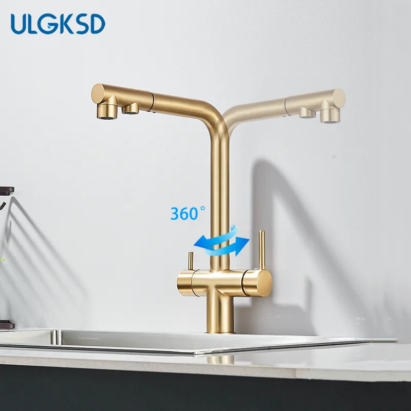 Brushed Gold Pulling Filter Kitchen Pure Faucet Pull Out Two In One Out Water  Mixer Tap 360 Rotation Sink Drink Directly Crane