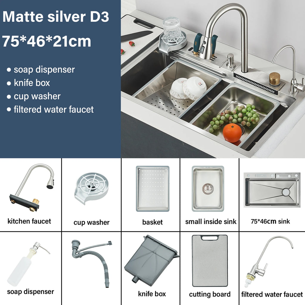 Shinesia 201Stainless Steel Kitchen Sink Double Waterfall Single Slot Digital Display Faucet Set Soap dispenser Cup Washer