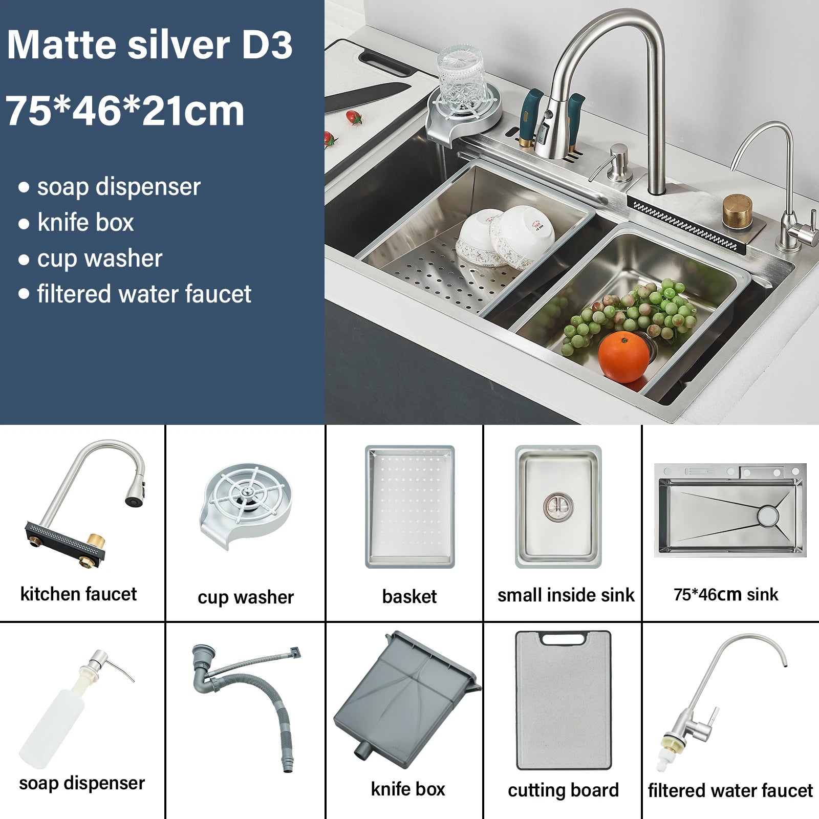 Shinesia 201Stainless Steel Kitchen Sink Double Waterfall Single Slot Digital Display Faucet Set Soap dispenser Cup Washer
