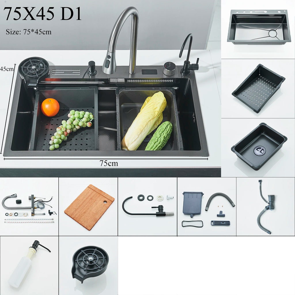 Shinesia 201Stainless Steel Kitchen Sink Double Waterfall Single Slot Digital Display Faucet Set Soap dispenser Cup Washer