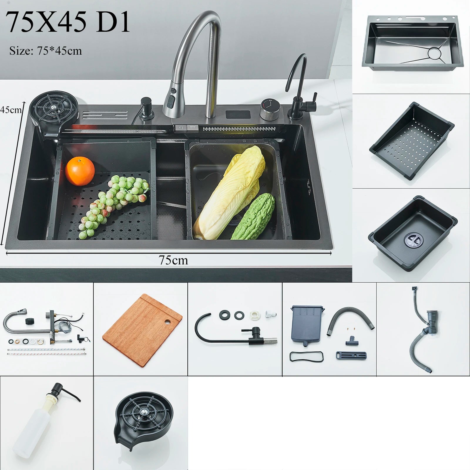 Shinesia 201Stainless Steel Kitchen Sink Double Waterfall Single Slot Digital Display Faucet Set Soap dispenser Cup Washer