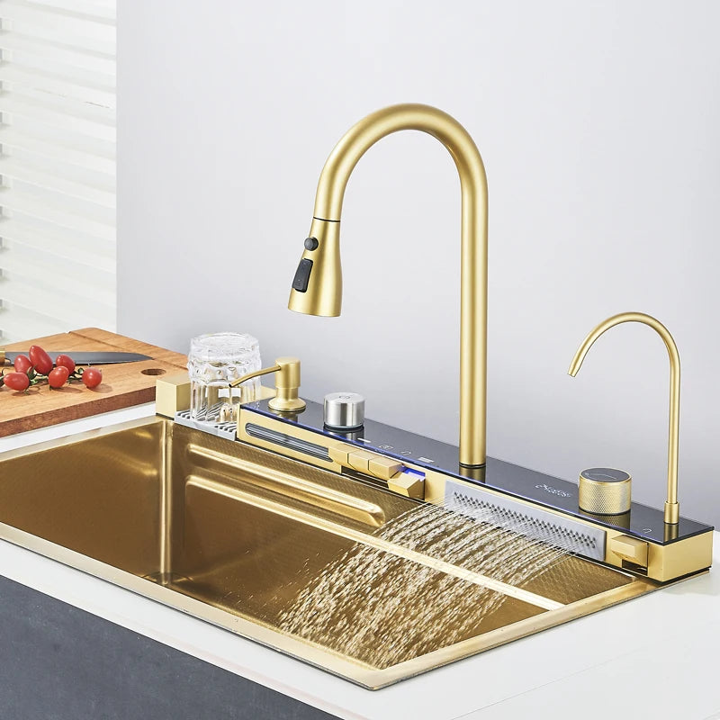 Shinesia 201Stainless Steel Kitchen Sink Double Waterfall Single Slot Digital Display Faucet Set Soap dispenser Cup Washer