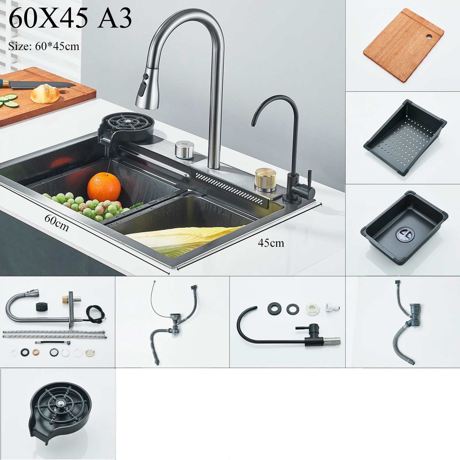 Shinesia 201Stainless Steel Kitchen Sink Double Waterfall Single Slot Digital Display Faucet Set Soap dispenser Cup Washer