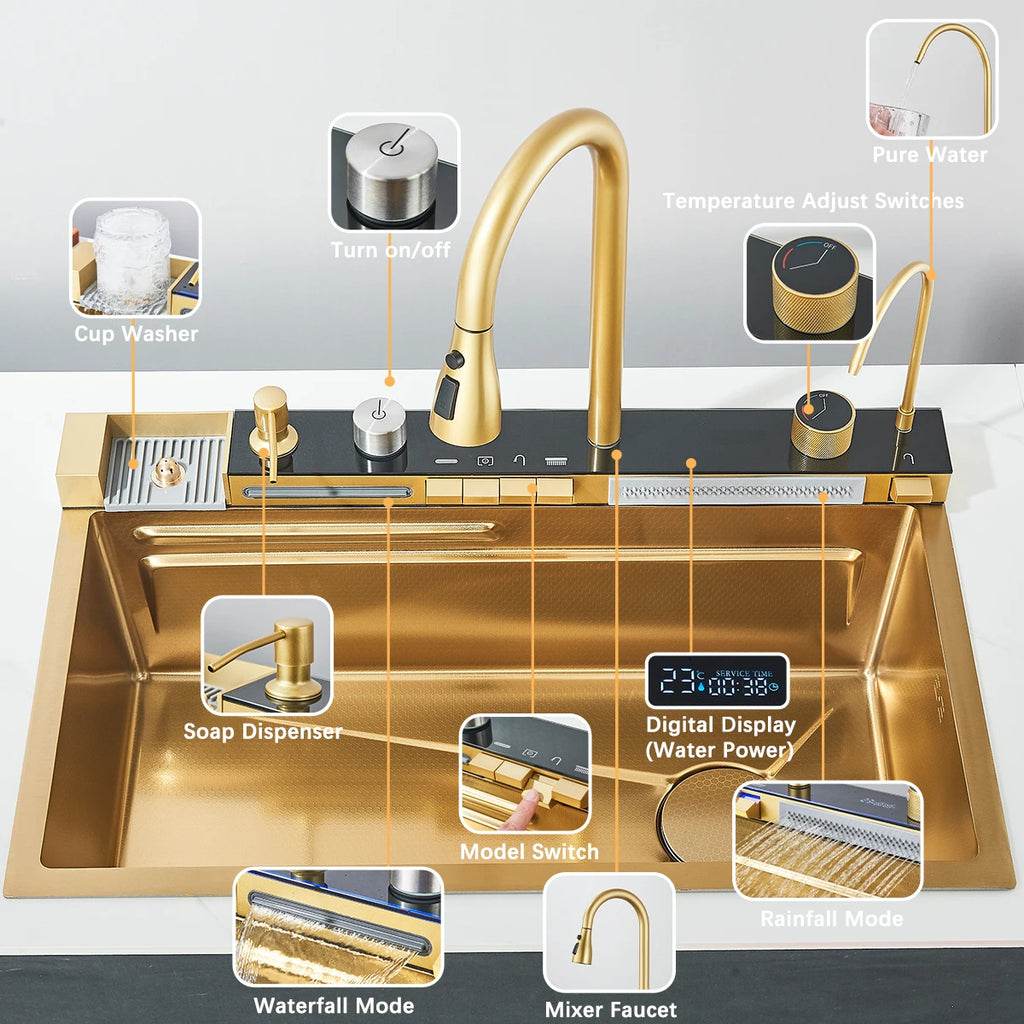 Shinesia 201Stainless Steel Kitchen Sink Double Waterfall Single Slot Digital Display Faucet Set Soap dispenser Cup Washer