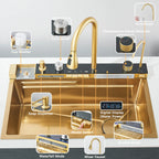 Shinesia 201Stainless Steel Kitchen Sink Double Waterfall Single Slot Digital Display Faucet Set Soap dispenser Cup Washer