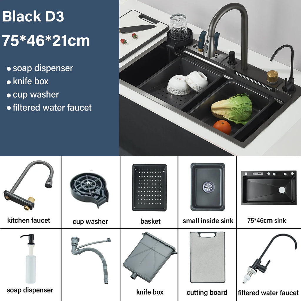 Shinesia 201Stainless Steel Kitchen Sink Double Waterfall Single Slot Digital Display Faucet Set Soap dispenser Cup Washer